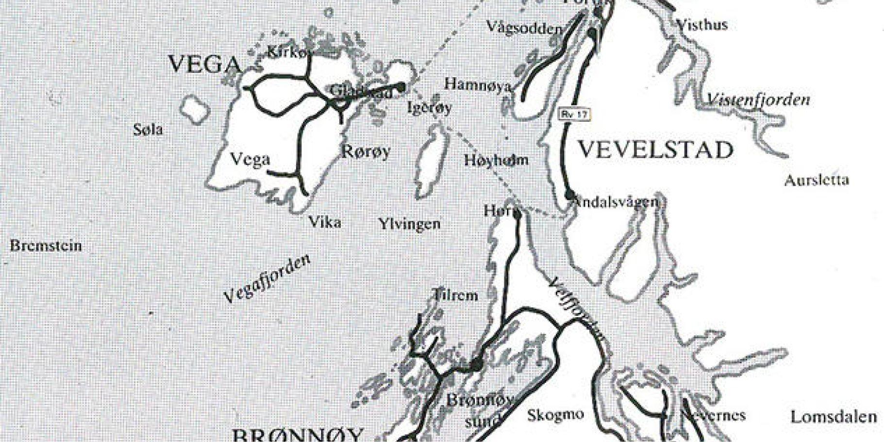 Svart-hvitt kart som viser kysten utenfor Brønnøysund med tydelig merking av Vega og fjereruter